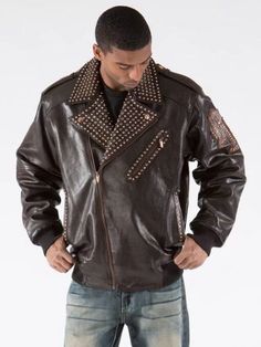 Edgy Brown Streetwear Outerwear, Edgy Brown Outerwear For Streetwear, Fitted Brown Leather Punk Jacket, Fitted Outerwear With Rivets For Fall, Brown Punk Long Sleeve Outerwear, Brown Long Sleeve Punk Biker Jacket, Brown Long Sleeve Punk Outerwear, Edgy Fitted Brown Outerwear, Leather Jacket Patches