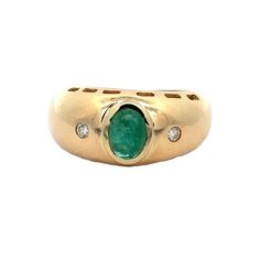 Vintage 18k Yellow Gold Oval Cabochon Emerald w/ Diamond  Accents Polished Dome Cocktail Ring Item Details Material: 17k-18k Yellow Gold Weight: 7.68 Grams Stone(s): (1) Natural Genuine Emerald - Oval Cabochon Cut - Bezel Set - Light to Medium Green Color - 6.7x5mm (approx.) - 0.85ct (approx.) (2) Natural Genuine Diamonds - Round Brilliant Cut - Burnish Set - H Color - SI1 Clarity - 0.06ctw (approx.) Ring Size: 7.0 (fitted on finger, please contact us prior to purchase for sizing inquiries.) Ring Width: 10.7 mm (0.42") (top of the ring - north to south), 3.9mm (bottom of the shank) Ring Height: 7.18mm rise off the finger Condition: Vintage ring in excellent condition! Stock Number: JO-23045231-UNC-EY Size and Weight Comparison Info Object: Quarter Penny Dime Diameter: 24.25mm 19.10mm 17.90 Yellow Gold Oval Cabochon Gemstones, Classic Oval Cabochons For Anniversary, Yellow Gold Signet Ring With Oval Cabochon Bezel Setting, Yellow Gold Oval Cabochon Signet Ring With Bezel Setting, Yellow Gold Gemstone Cabochons In Classic Style, Classic Yellow Gold Gemstone Cabochons, Oval Yellow Gold Cabochons For Formal Events, Gold Emerald Oval Cabochon Ring, Gold Emerald Ring With Oval Cabochon