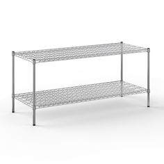 a metal shelf with two shelves on each side and one shelf below it, against a white background