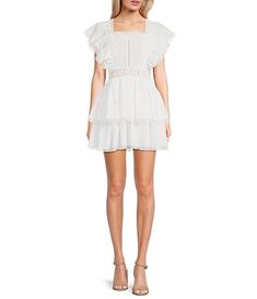 Lace Square Neck Short Flutter Sleeve Tiered Mini Dress | Dillard's Short Sleeve Mini Dress With Lace Trim For Brunch, Summer Dress With Lace Trim And Cap Sleeves, White Dress With Lace Sleeves And Square Neck, Fitted White Mini Dress With Cap Sleeves, White Fitted Mini Dress With Cap Sleeves, Chic Flutter Sleeve Lined Dresses, Spring Mini Dress With Cap Sleeves, Chic Square Neck Dress With Lace Trim, Chic Mini Dress With Lace Trim And Short Sleeves