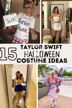 four different photos with the words taylor swift halloween ideas on them and pictures of women in costumes