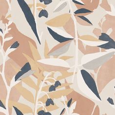 an abstract floral wallpaper with leaves and branches in pink, blue, yellow and grey colors