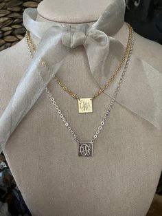 "I love the simplicity of this necklace!  So easy to wear and goes with everything.   Available in 14K gold filled OR Sterling Silver.  Length is 18 inches.   The tiny square measures 1/2\" x 1/2\" and is engraved with 3 initials.  At this size, I think that the block font or the mixed font work best." Block Font, Monogram Bracelet, Square Necklace, Name Necklace, The Block, Gold Filled, Necklace Lengths, Initials, Handmade Items