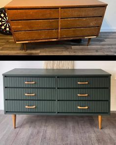 an old dresser has been painted green and gold with some wood trimmings on it