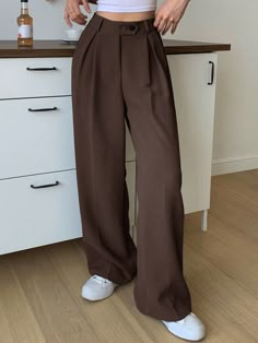 Chocolate Brown  Collar  Fabric Plain Straight Leg Embellished Non-Stretch  Women Clothing Pleated Pants For Women, Kakis Pants Outfit, Classic Pants Women, Wide Leg Tailored Pants, Tailored Wide Leg Pants, Formal Pants Women, Women Suit Pants, Wide Leg Pants Women, Casual Office Wear