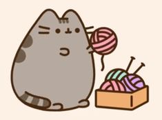 a drawing of a cat next to a box of yarn and a ball of knitting needles