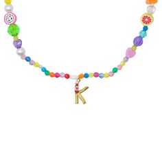 Ok, so this necklace is fun! And weird! Dare we say "kooky?" Each one is comprised of a jumble of beads - fruits, hearts, animals, faceted and miscellaneous. How It Works: Choose what letters, numbers, symbols (or both) you want on your necklace. It could be your initials, name, area code, lucky number, you name it! Then select the number of letters/numbers you want and type them into the textbox below. See letter, number and symbol selections by clicking the right arrow. Hand enameled bronze le Playful Beaded Charm Necklace For Gifts, Playful Beaded Charm Necklaces For Gifts, Playful Beaded Charm Necklaces As Gifts, Playful Multicolor Necklaces With Charms, Funky Colorful Beads Necklace Gift, Fun Multicolor Personalized Charm Necklaces, Fun Multicolor Necklace With Letter Beads, Novelty Multicolor Necklaces For Birthdays, Playful Colorful Beads Necklaces For Birthday