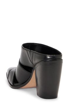 A strappy silhouette gives a breezy feel to this glossy leather mule that elevates you on a curved stacked heel. 3 1/2" heel Leather upper/synthetic lining/rubber sole Imported Leather Mules, Nordstrom Store, Anniversary Sale, Black Fits, Stacked Heel, Vince Camuto, Mule, Fathers Day Gifts, Rubber Sole