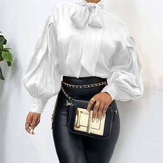 Elegant Bow Collar Long Puff Sleeve Loose Office Blouse Shirt Puff Sleeve Blouses, Office Blouse, Office Women, Loose Tunic, Lantern Sleeved Blouses, Girls Boutique Clothing, Bow Collar, Puff Sleeve Blouse, Long Puff Sleeves