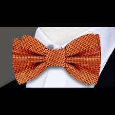 Orange Textured Bow Tie Main Elegant Summer Bow For Gifts, Elegant Summer Bow With Butterfly Knot, Elegant Pre-tied Bow Tie For Summer, Elegant Pre-tied Adjustable Bow Tie, Elegant Adjustable Pre-tied Bow, Dapper Summer Party Suit And Tie Accessories, Summer Party Suit And Tie Accessories With Satin Bow, Elegant Standard Tie Bow For Summer, Elegant Pre-tied Bow For Gift