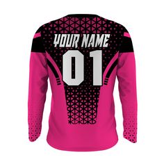 the back of a pink jersey with black and white letters that says your name on it