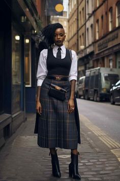 Coolest Outfits Women, Preppy Style Aesthetic Outfits, Academic Look Outfit, Pleated Skirt And Sweatshirt Outfit, Plaid Tweed Skirt Outfit, Black Ivy Style Women, Preppy 2024 Outfits, Preppy Chic Aesthetic, Classic Black And White Outfits