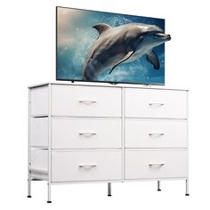 a television on top of a white dresser with a dolphin painting on the tv screen