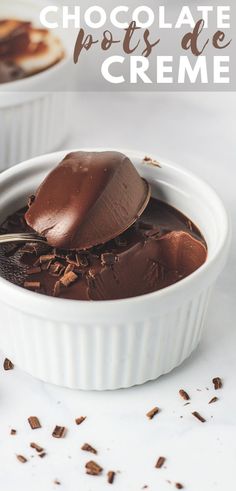 chocolate frosted creme in a white bowl with spoons on the side and text overlay that reads, chocolate frosted creme