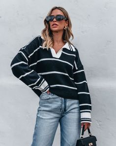 Black and White Stripe Collared Sweater Chic V-neck Knit Polo Sweater, Trendy V-neck Polo Sweater With Ribbed Collar, Trendy V-neck Sweater For Work, Knit V-neck Sweater With Ribbed Collar For Fall, Striped V-neck Sweater For Winter, Striped V-neck Winter Sweater, Trendy V-neck Sweater For Fall Workwear, V-neck Polo Sweater For Work, Spring Long Sleeve V-neck Sweater With Ribbed Collar