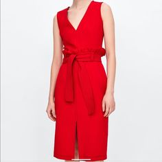 A Beautiful Red Dress With Beautiful Details Smoke Free Pet Free Home Xs Red Sheath Dress For Spring, Red Summer Midi Dress For Work, Red Midi Dress For Summer Workwear, Chic Red Midi Dress, Chic Red Midi Dress For Work, Chic Red Zara Midi Dress, Chic Red Midi Dress By Zara, Red Midi Workwear Dress, Red Midi Dress For Work