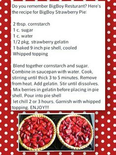 the recipe for strawberry pie is shown in red and white polka dots