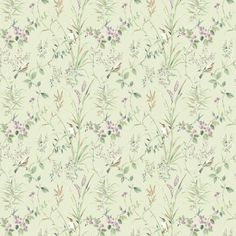 a green wallpaper with small flowers and birds in the middle, on a light green background