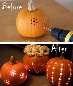 an orange pumpkin with holes in it and the words, before and after carved into it