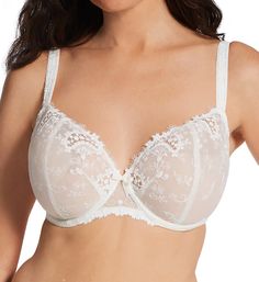 A demi cup bra designed for E, F and G cups, this charming, sophisticated and sensual style is practical enough for everyday wear. Guipure lace adds sensual sheer windows at the tops of cups and is featured on straps as well. Sheer underwire cup is lined with same fabric with a vertical seam to create a lifted, rounded and supported shape. Cup is two-ply mesh with an embroidered design on exterior. Center - arched center panel with decorative bow. Supportive mesh panel is inset at front beside c Feminine Beige Bra With Medium Bust Support, Beige Full Cup Padded Bra, Wedding Lace Bra In Beige, Classic Padded Bra, Delicate Underwire Bra With Removable Pads, Classic Lace Bra With Padded Cups, Cream Push-up Bra With Built-in Support, Cream Lace Underwire Bra, Beige Full Cup Bra With Removable Cups