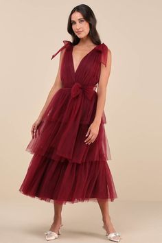 Burgundy Tulle Dress - Tiered Tulle Dress - Tie-Strap Dress - Lulus Burgundy Tulle Dress, Tiered Tulle Dress, Oct Wedding, Tie Strap Dress, Sweet 16 Dress, Tulle Maxi Dress, Gathered Bodice, Boho Midi Dress, Waist Sash