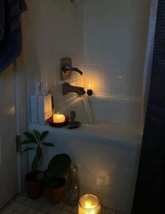 a bathtub with some candles in it next to a potted plant