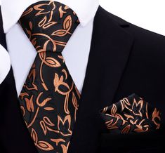 A Black With Orange Vine Pattern Silk Necktie Elegant Orange Tie For Business, Elegant Orange Suit And Tie Accessories For Formal Occasions, Suit With Orange Tie, Light Beige Dress, Beige Shirt Dress, Vines Pattern, Brown Bow Tie, Grey Bow Tie, Yellow Bow Tie