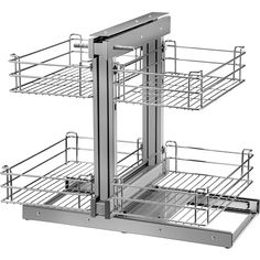 two metal baskets are stacked on top of each other in the same position, and one is open