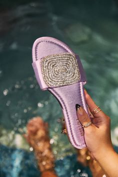 Shop Beach Cocktail | Lavender Sandals – MISS LOLA Purple Flat Sandals For Party, Lavender Sandals For Summer Party, Glamorous Purple Sandals For Summer, Lavender Sandals, Beach Cocktails, Shoe Model, Miss Lola, Slip On Sandals, Flash Photography