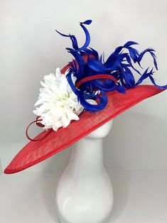 Red White and Blue Kentucky Derby Hat, Tea Party Hat & Church Hat! Make your statement with this stunning, high quality piece! *100% Brand new, hand made and high quality. *Head circumference: 22.5" and adjustable *Beautiful detail **Elegant fashion hats are perfect for horse racing events, church, the Kentucky derby, weddings, garden tea parties and charity events. ** Available to ship next business day. Don't forget matching gloves to complete the look! You can find them here! https://www.etsy.com/shop/QueenSugarBee?ref=seller-platform-mcnav&section_id=17799374 Ordering 4 or more pieces? Message me about group discounts! Like our Facebook page for future sales and new designs! Please join us here: https://www.facebook.com/QueenSugarBee Hear what others are saying about our shop: Jennifer Red Mini Hat With High Crown For Party, Red High Crown Mini Hat For Party, Handmade Red Party Hat, Red Brimmed Hat For Royal Ascot, Elegant Red Mini Hat With High Crown, Elegant Red High Crown Mini Hats, Red Hats For Spring Events, Red Hats For Royal Ascot Races, Red Brimmed Costume Hat For Races