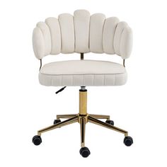 a white office chair with gold wheels and casteors on an upholstered base