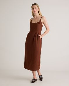 Crafted from the finest quality linen sourced from Europe, our 100% European Linen Scoop Neck Midi Dress is soft, breathable, and lightweight, making it the perfect choice for warm weather. The elegant scoop neck and midi length of the dress make it a versatile addition to any wardrobe. Whether you're dressing it up for a special occasion or keeping it casual for a day out, this dress is sure to turn heads.  | Quince | Women's 100% European Linen Scoop Neck Midi Dress in Chocolate, Size Medium Brown Midi Dress, Scoop Neck Midi Dress, Wide Leg Linen Pants, European Linens, Quince Dresses, Linen Women, Quince, Fit Flare Dress, Jacket Outfits