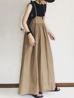 Original Solid Color Pleats Suspender Dress BLACK-FREE SIZE Langer Rock, Suspender Skirt, Suspender Dress, Khaki Dress, Fashion Mode, Mode Style, Types Of Skirts, Strap Dress, Pleated Dress