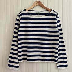 J. Crew Relaxed Long- Sleeve Boatneck T-Shirt In Stripe Nwt Color: Navy / White Classic Stripes Boatneck Neckline Long Sleeves Relaxed Fit 100% Cotton Armpit To Armpit 19.25” / Length 22” Excellent Nwt Condition Cotton Sailor Style Top, White Sailor Style Long Sleeve Tops, Navy Sailor Crew Neck Top, Navy Cotton Nautical Tops, Sailor Style Cotton Crew Neck Top, Sailor Striped Long Sleeve Top, Striped Sailor Long Sleeve Top, Sailor Style Striped Long Sleeve Top, Sailor Style Striped Cotton Top