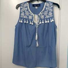 Nwt Tassel Tank Top Adorable Tassels And Embroidery Detail Never Been Worn Blue Beach Tops With Tassels, Blue Tassel Tops For Beach, Beach Blue Tops With Tassels, Casual Blue Tops With Tassel Ties, Blue Tassel Tops For Summer, Blue Fringe Top For Spring, Blue Spring Tops With Tassel Ties, Blue Spring Top With Tassel Ties, Blue Fringe Tops For Summer