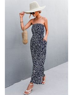 Navy Blue Leopard Print Lace-up Strapless Jumpsuit Summer Strapless Jumpsuit For Day Out, Strapless Sleeveless Jumpsuit For Beach Vacation, Strapless Non-stretch Summer Jumpsuits And Rompers, Summer Strapless Jumpsuits And Rompers For Beach Season, Strapless Jumpsuits And Rompers For Spring And Summer, Casual Strapless Jumpsuits And Rompers For Summer, Blue Strapless Jumpsuit For Summer, Casual Bandeau Strapless Jumpsuit For Summer, Casual Blue Strapless Jumpsuit