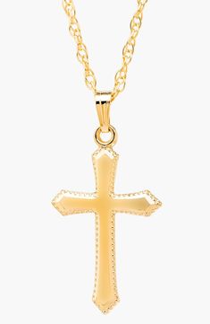 Beaded edges subtly texture a gleaming 14-karat-gold cross necklace she'll wear for years to come. Style Name:Mignonette 14K Gold Cross Necklace (Girls). Style Number: 1026114. Available in stores. 14k Gold Diamond Cut Cross Necklace, Cross Necklace Png, Necklace Png, Star Necklace Gold, Star Charm Necklace, Diamond Cross Necklaces, Gold Cross Necklace, Dainty Gold Necklace, Gold Charm Necklace