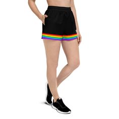 Introducing our Black Rainbow Pride Athletic Shorts, the perfect combination of style and function! Made from a high-quality, lightweight fabric, these shorts are perfect for any athletic activity. The classic tan color is accented with vibrant rainbow stripes, representing inclusivity, diversity, and pride. These shorts are designed for maximum comfort and functionality. They feature an elastic waistband with a drawstring closure, ensuring a secure and comfortable fit for all body types. The fa Sporty Multicolor Gym Bottoms, Multicolor Athleisure Bottoms For Sports, Multicolor Moisture-wicking Running Bottoms, Multicolor Moisture-wicking Shorts For Athleisure, Multicolor Moisture-wicking Athleisure Shorts, Multicolor Sporty Shorts With Moisture-wicking, Sporty Multicolor Athletic Shorts With Built-in Shorts, Multicolor Cotton Sports Bottoms, Multicolor Sporty Moisture-wicking Shorts