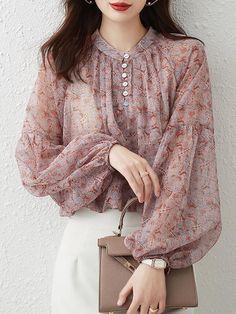 Chiffon Blouse With Sheer Sleeves For Spring, Flowy Chiffon Blouse For Fall, Fall Flowy Chiffon Blouse, Flowy Long Sleeve Chiffon Blouse, Spring Chiffon Blouson Sleeve Top, Spring Chiffon Top With Blouson Sleeves, Chiffon Blouse With Blouson Sleeves, Feminine Chiffon Tops For Fall, Flowy Chiffon Blouse For Work