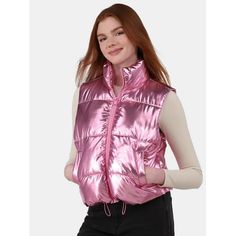 The No Boundaries Metallic Puffer Vest is like a blast from the past with a touch of futuristic flairthink neon lights and retro vibes rolled into one chic package. We love that you can cinch your waist with the adjustable toggle hems and wear it open or closed for endless styling options. The high neck collar will help keep you warm and the handy welt pockets are perfect to stash your essentials. Throw this puffer vest over any of your basics for an effortlessly cool girl look. Only at Walmart. Metallic Vest Outfit, No Boundaries Clothing, High Neck Collar, Blast From The Past, Vest Outfits, Junior Outfits, Neon Lights, Puffer Vest, No Boundaries