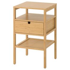 a wooden side table with two drawers on one shelf and an open drawer on the other