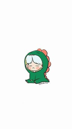 a drawing of a person in a green dinosaur costume sitting on the ground with their eyes closed