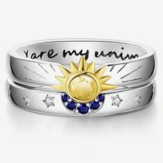 Brand New Set Of Two Rings One Is The Sun Inside Says “You Are My Sunshine” One Is The Moon Blue Stones And Stars Moon Blue, Celestial Sun, Two Rings, Blue Stones, Moon Ring, My Sunshine, Sun Moon, New Set, Blue Stone