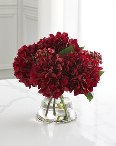 a glass vase filled with red flowers on top of a white countertop next to a window