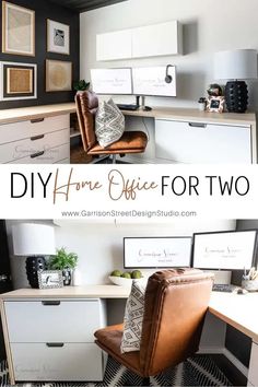 an office with white cabinets and black and white checkered flooring, the words diy home office for two above it