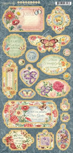 an assortment of tags and stickers on a blue background, with flowers and butterflies