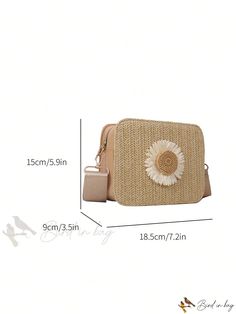 Bird in Bag - Womens Woven Flower Decorated Straw Flap Bag, Trendy Crossbody Bag for Beachwear Color Khaki, Square Bag, Flap Bag, Flower Decorations, Straw, Crossbody Bag, Square, Flowers