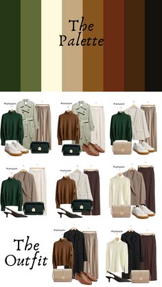 Fall Colour Palette Outfits, Fall 2024 Color Combinations, Brown With Green Outfits, Brown And Dark Green Outfit, Autumn Color Combinations Outfits, Dark Green Matching Colors Outfit, Green Palette Outfit, Winter Colours Outfits, Deep Autumn Color Palette Outfits For Spring