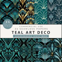 teal art deco digital paper pack with gold and blue designs on the front, black background