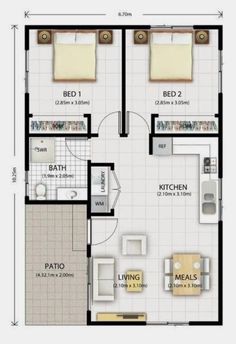 the floor plan for a two bedroom apartment with an attached kitchen and living room area